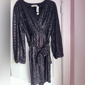 NWT LOFT Black Sequin Wrap Dress Size 12
